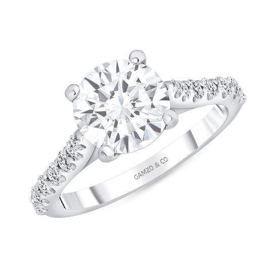 ROUND CUT NATURAL DIAMOND ENGAGEMENT RING. PAVE SET SIDE STONES (GIA CERTIFIED)