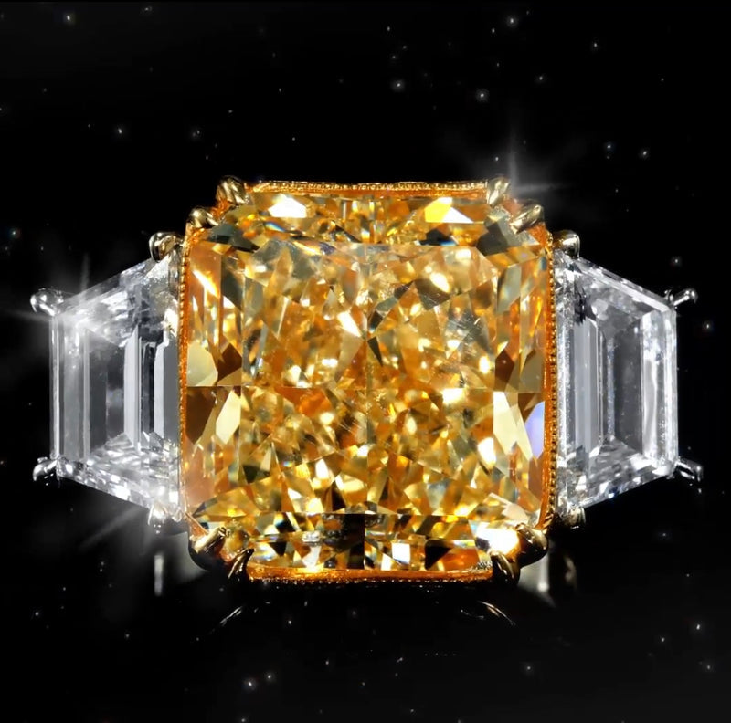 YELLOW CUSHION CUT NATURAL DIAMOND ENGAGEMENT RING WITH TAPERED BAGUETTE