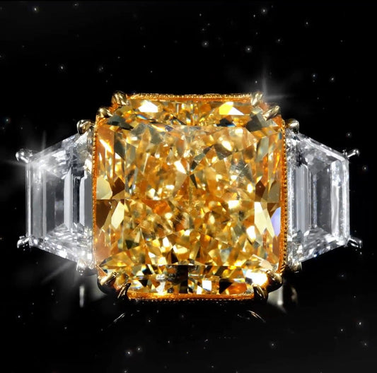 YELLOW CUSHION CUT NATURAL DIAMOND ENGAGEMENT RING WITH TAPERED BAGUETTE