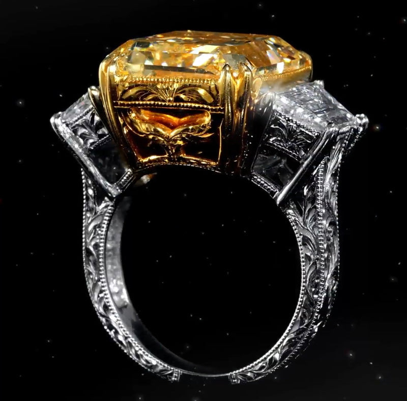 YELLOW CUSHION CUT NATURAL DIAMOND ENGAGEMENT RING WITH TAPERED BAGUETTE