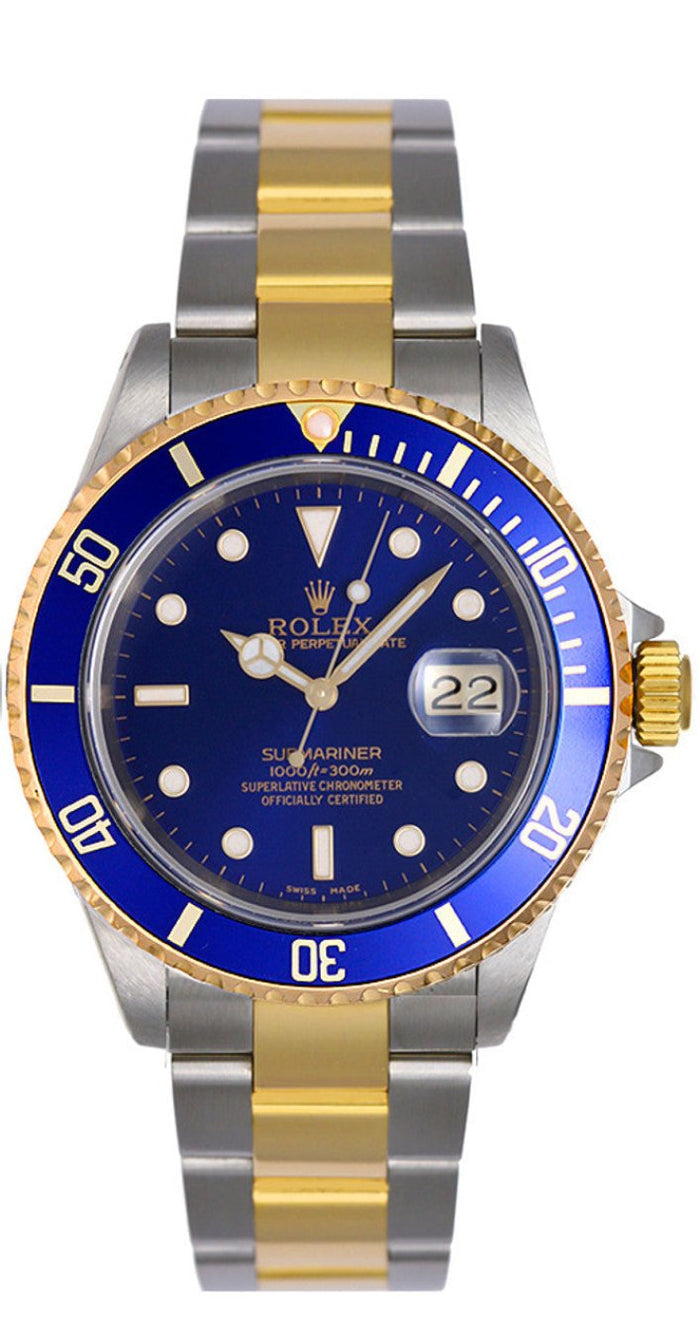 PRE-OWNED - 16613 ROLEX SUBMARINER DATE TWO TONE YELLOW GOLD BLUE DIAL 40MM STAINLESS STEEL
